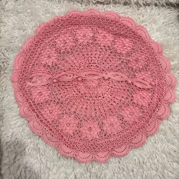 4 VINTAGE Lot Pillowcases Pink Round Crochet Battenburg Lace Square Patchwork - Picture 6 of 11